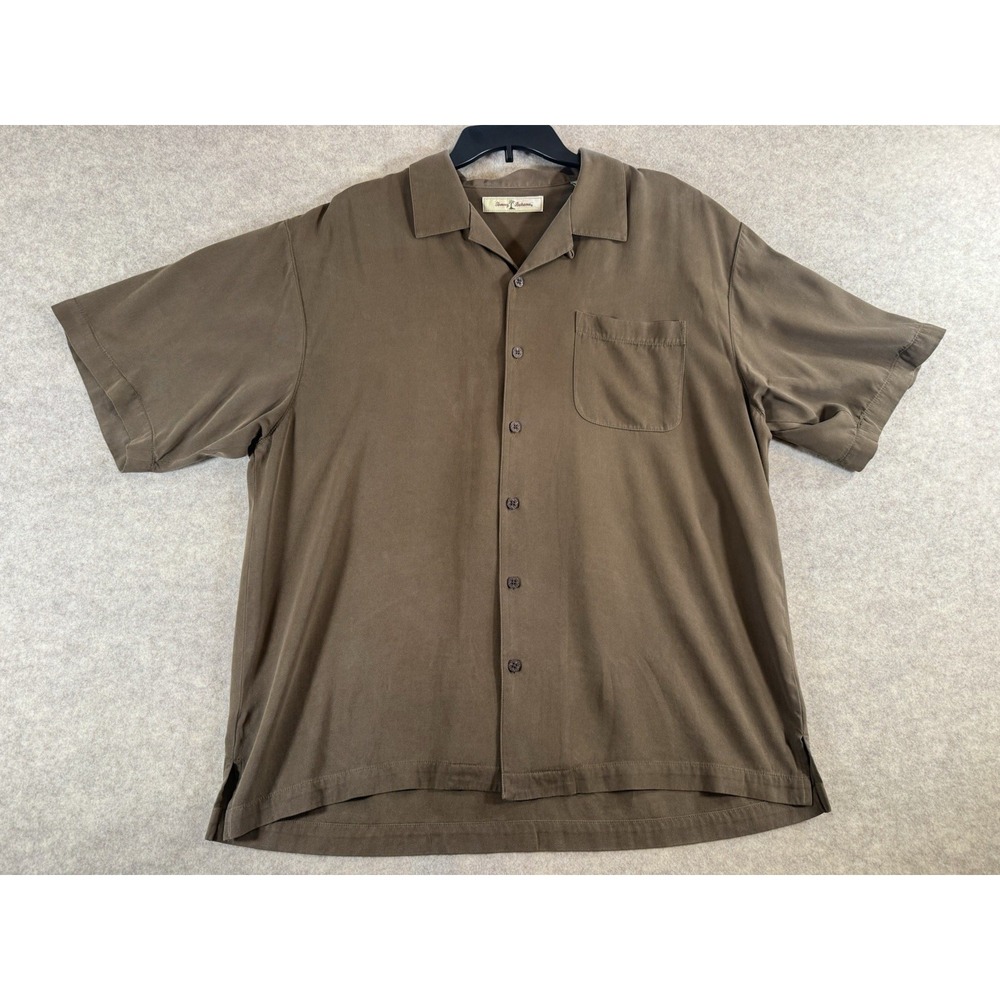 Tommy Bahama Mens XL Silk Short Sleeve Button Down Camp Shirt Olive Brown Pocket